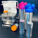 2er-Edelstahl-Spar-Set: Je 2 x JuNikis Lunchbox + Trinkflasche isoliert 550ml + Teefilter Grn+Blau