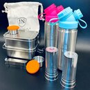 2er-Edelstahl-Spar-Set: Je 2 x JuNikis Lunchbox + Trinkflasche isoliert 550ml + Teefilter Pink+Blau