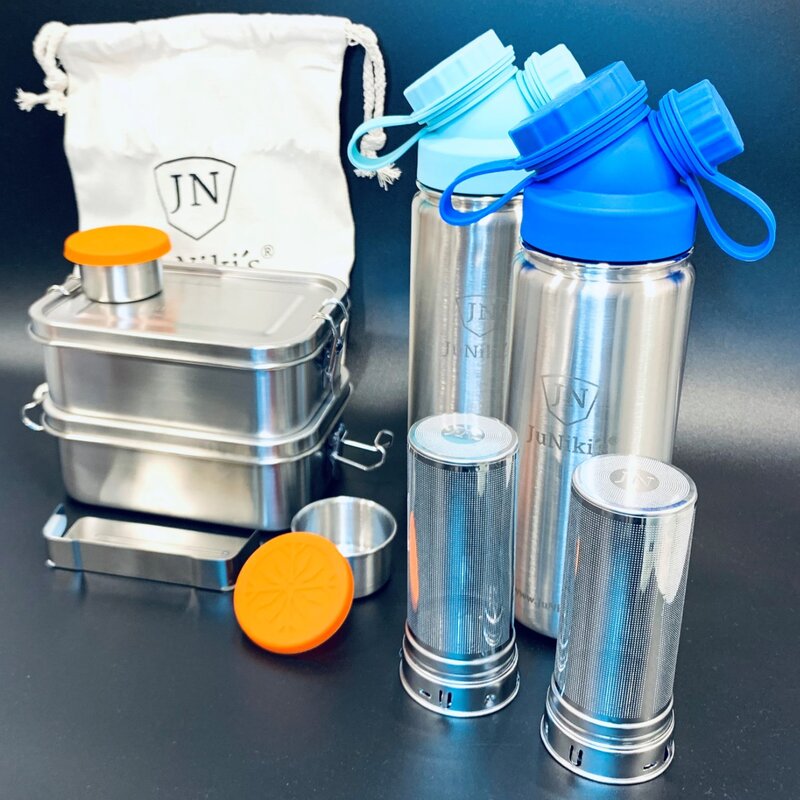2er-Edelstahl-Spar-Set: Je 2 x JuNikis Lunchbox + Trinkflasche isoliert 550ml + Teefilter Trkis+Blau